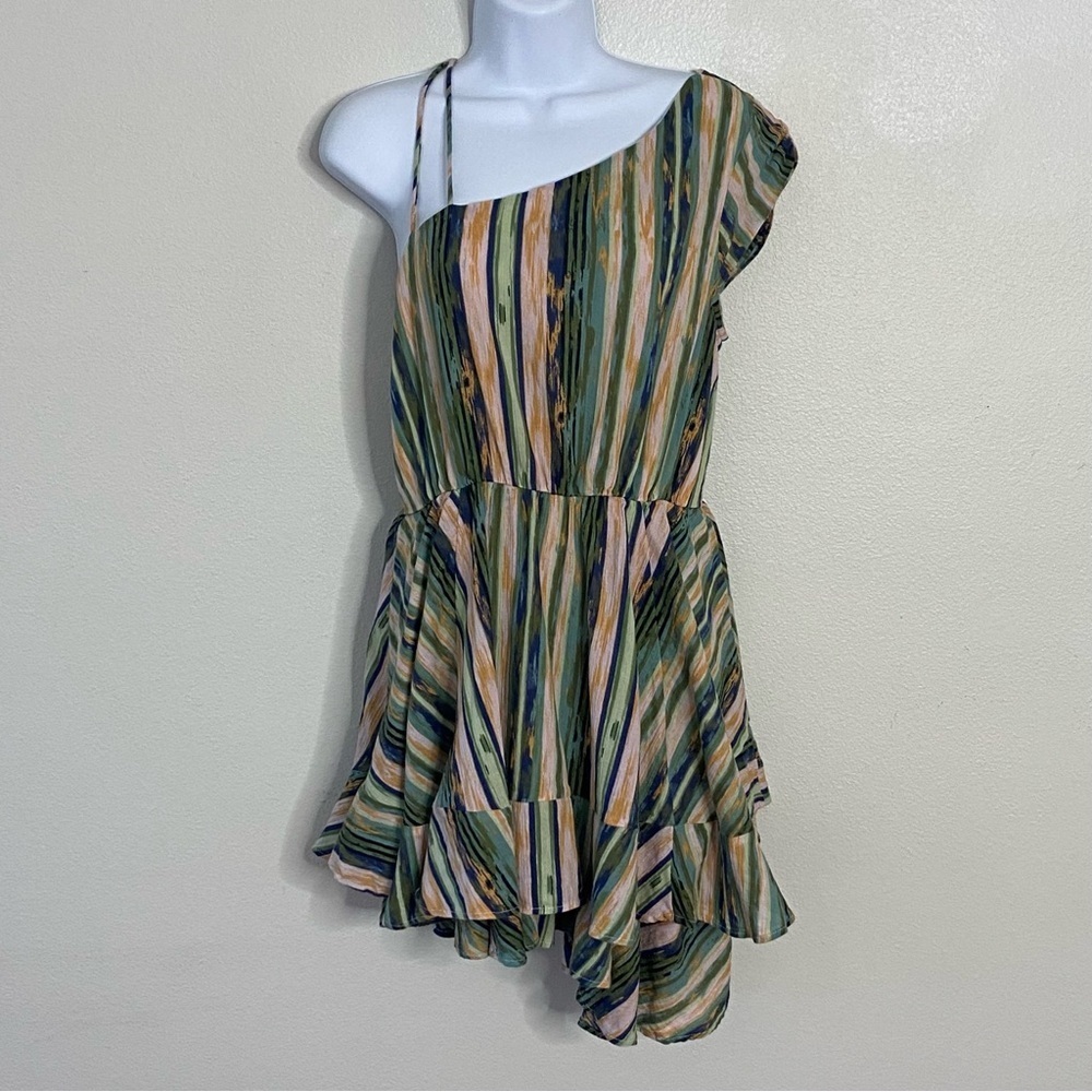 Free People Womens One Shoulder Mini Dress Size Small Green Striped Lined